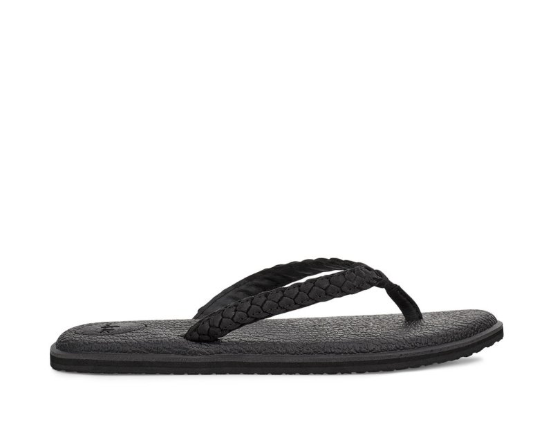 Sanuk Womens Yoga Braid Leather Black Flip Flops | LGOQIT974